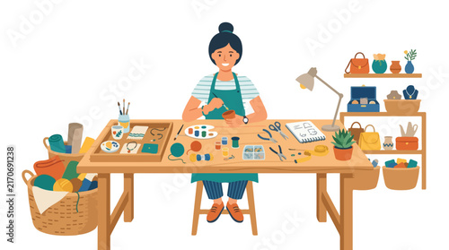 A female artisan sits at a crowded wooden workbench in her studio, happily hand-painting pottery surrounded by various crafting tools.