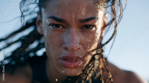 Sweaty Female Athlete Looking at Camera During Intense Workout