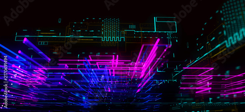 Communication network concept. Digital transformation. A complex system of glowing lines, data streams, and geometric structures against a dark background. Bright blue, light blue, purple, and pink el