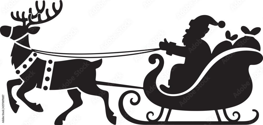Obraz premium Santa claus silhouette driving reindeer sleigh against a white background