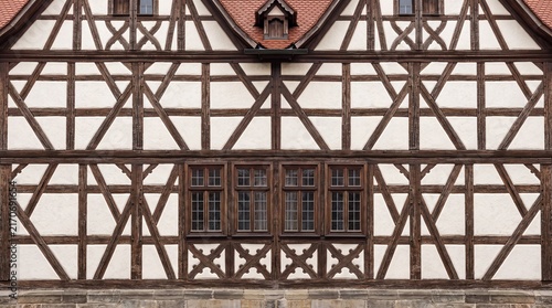 Half Timbered House Facade with Traditional Wooden Architecture