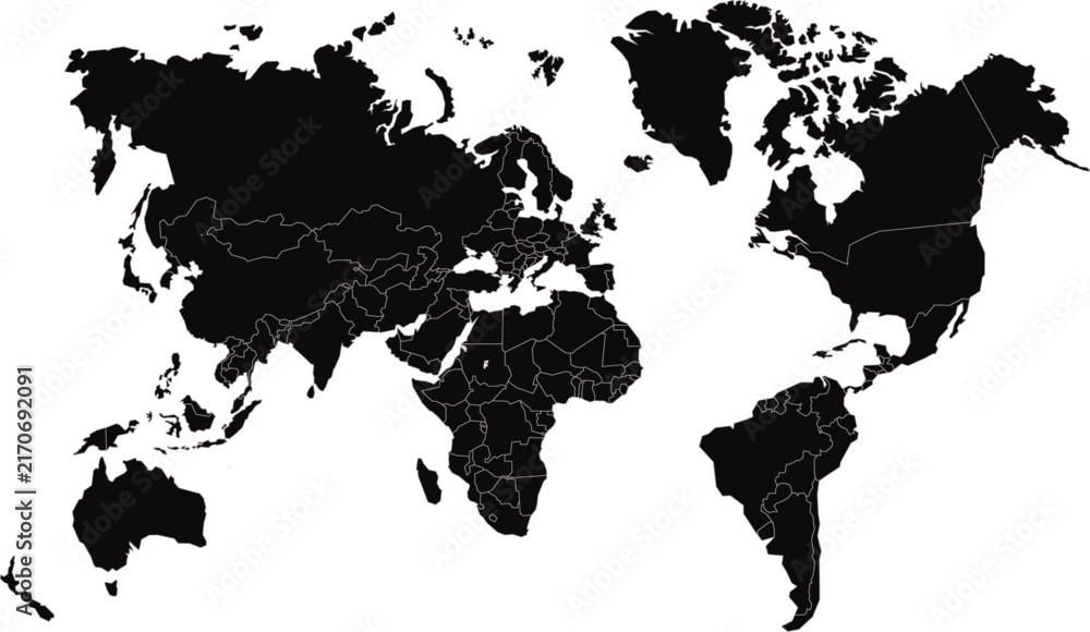 Obraz premium World map silhouette with country borders in black on white background