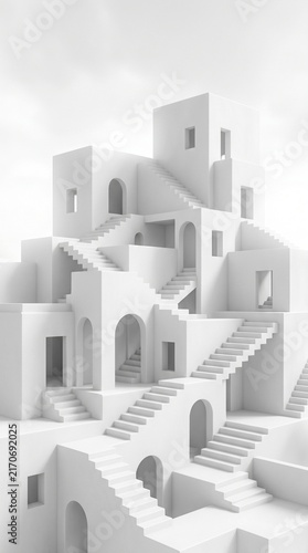 White minimalist labyrinth featuring complex stairs and surreal arches.