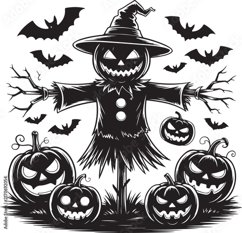 Halloween scarecrow illustration with pumpkins and bats black and white design