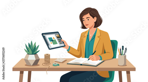 A stylish woman sits at a wooden desk holding a digital tablet displaying graphics while taking notes in a notebook.