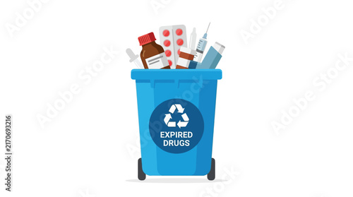 Blue recycle bin filled with various expired medicine bottles and pills for safe medical disposal