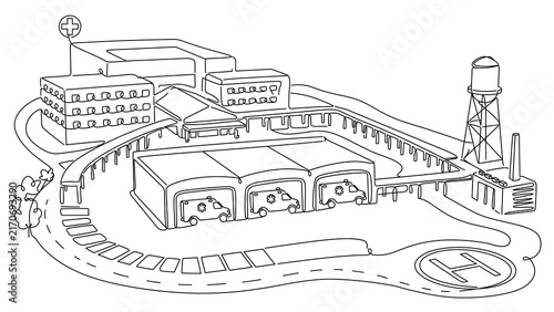 Industrial factory complex illustration white background.