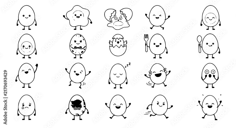 Obraz premium Boiled Fried Cracked Egg Cute Cartoon Character Vector Illustration Set