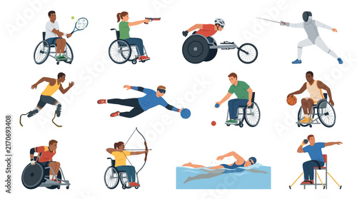 Paralympic athletes performing diverse sporting activities with specialized equipment depicted in a modern flat vector style