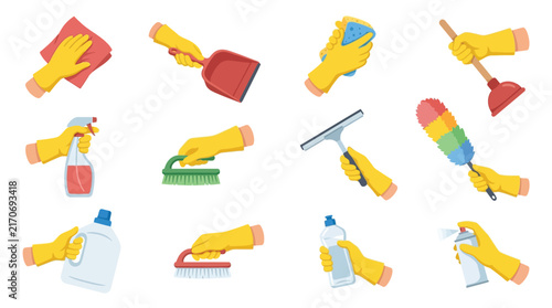 Hands wearing bright yellow protective rubber gloves holding various household cleaning tools for daily chores