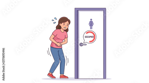 Anxious young woman holding her stomach while waiting outside a restroom door in urgent distress