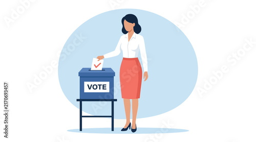 Professional woman casting her ballot into a blue election box during a formal democratic process