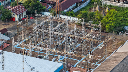 Aerial view of a power station providing local energy grid distribution