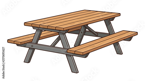 Wooden picnic table with metallic gray legs featuring realistic brown wood grain textures in vector art