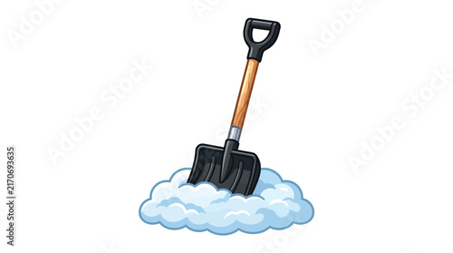 Sturdy metal shovel with wooden handle rests inside a pile of fluffy white winter snow