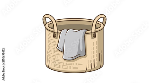 Woven laundry basket filled with dirty clothes rendered in a clean minimalist flat vector style illustration