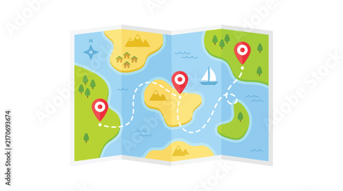 Colorful folded paper map featuring red destination pins and a dotted route path illustration design