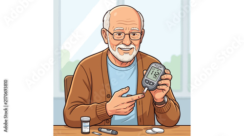 Elderly man with glasses checking his blood sugar levels using a digital glucose monitoring device