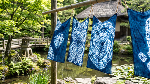 Traditional Japanese Indigo Dyed Shibori Fabrics Hanging to Dry Outdoors.