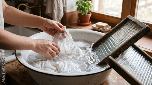 Womans hands washing white laundry in an enamel basin with a traditional washboard.
