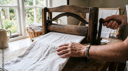 Hands of an elderly person using an antique wooden laundry wringer.