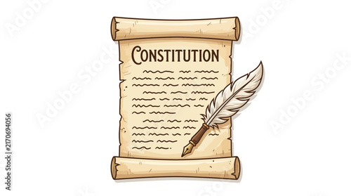 Vintage parchment scroll showing the constitution document with a traditional feather quill pen in bright light