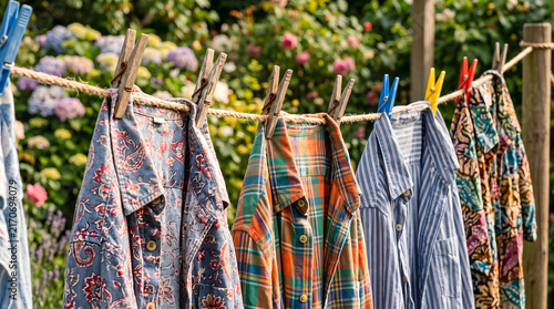 Colorful patterned shirts hanging on a clothesline with wooden pegs.
