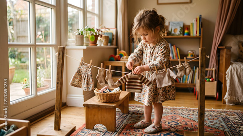 Little Girl Hanging Doll Clothes on a Miniature Indoor Clothesline.