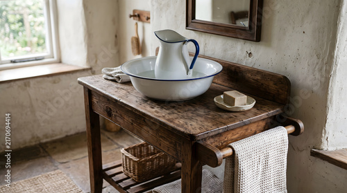 Vintage Enamel Pitcher and Bowl on a Rustic Wooden Washstand.