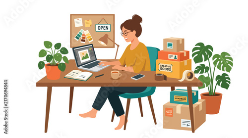 A woman sits at a wooden desk working on her laptop while surrounded by boxes, plants, and office supplies.