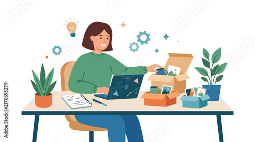 A smiling woman works at her desk with a laptop, unpacking custom merchandise boxes filled with branded items and pictures.