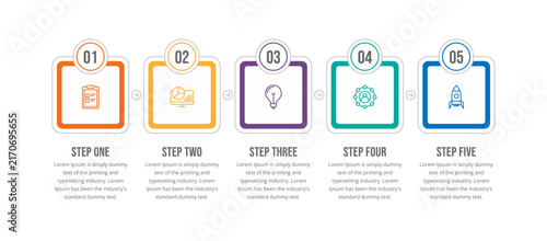 Modern 5-step timeline roadmap and business process infographic template with icons and numbered phases.