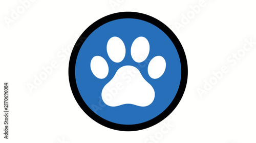A simple blue circular icon featuring a white animal paw print design.
