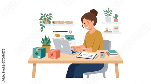 A smiling woman works on her laptop at a cozy desk filled with small business packages, plants, and office supplies.