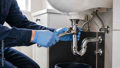 A professional plumber wearing blue gloves using a wrench to repair a leaking sink trap under a bathroom vanity.