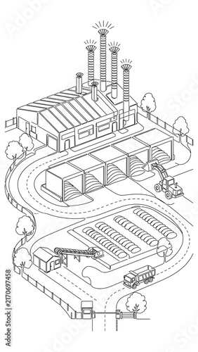 Industrial factory complex illustration white background.