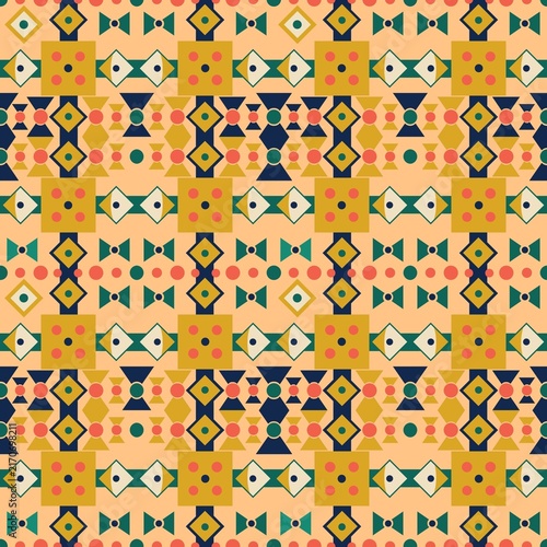 Seamless Retro Geometric Tribal Pattern with Diamonds and Squares in Vintage Colors