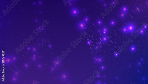 Background abstract technology bg. Glowing particle curtain, dotted digital mesh, neon purple blue gradient, light wave, data network, futuristic banner and presentation design. Vector illustration
