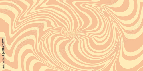 Psychedelic retro wavy background. Groovy 70s style pattern with peach and cream vortex abstract lines. Abstract brown beige psychedelic waves print background. Marble acrylic swirl pattern.