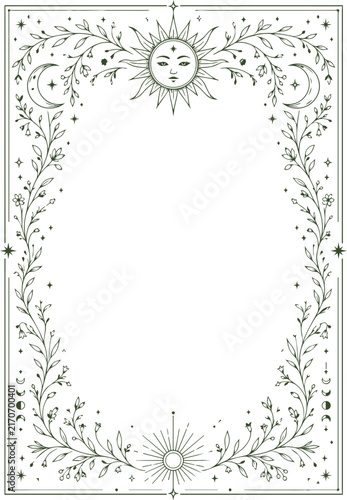 Celestial Floral Line Art Frame with Sun, Moon Phases, Stars and Botanical Border