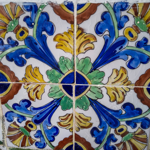 Fotografie Decorative ceramic tiles featuring traditional mediterranean floral patterns wit
