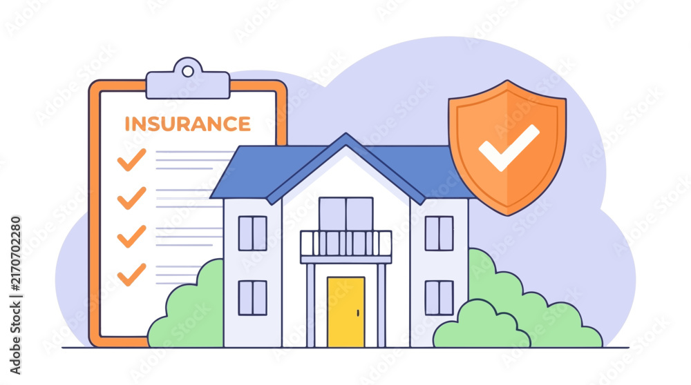 Obraz premium Flat home insurance vector illustration, residential house property protection shield graphic, real estate policy checklist conceptual vector