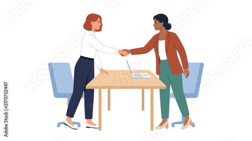 Professional business women shaking hands after successful meeting in a modern office environment created as a colorful flat vector illustration