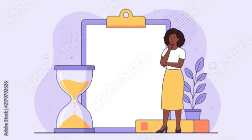 Thoughtful professional woman standing near large empty clipboard with hourglass representing deadline management in this colorful flat vector graphic illustration