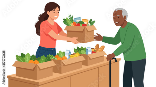 Young female volunteer handing a cardboard box filled with fresh organic groceries to an elderly man in flat vector illustration