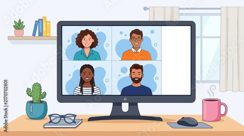 Digital meeting showing diverse professional team colleagues on computer screen vector illustration for modern remote work and virtual communication concepts
