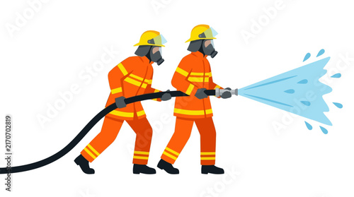 Professional firefighters in protective uniform gear spraying water from hose pipe isolated on white background as bright vector graphic illustration