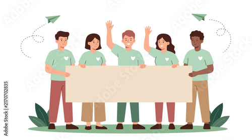 Diverse group of young volunteers holding a large blank banner for communication as a flat vector graphic design illustration project