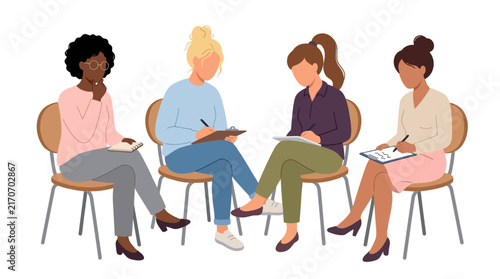 Diverse women sitting together on chairs and writing on clipboards during a collaborative group workshop in this flat vector illustration