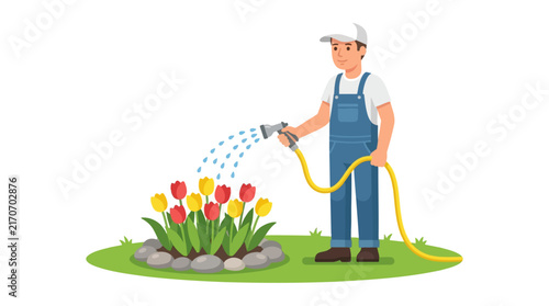 Gardener in blue overalls using a yellow hose to water colorful vibrant flowers inside a digital flat vector design illustration